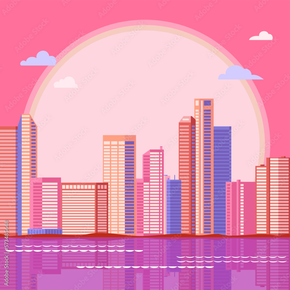 Vector illustration in geometric flat style - city landscape with buildings, hills, bushes and trees.