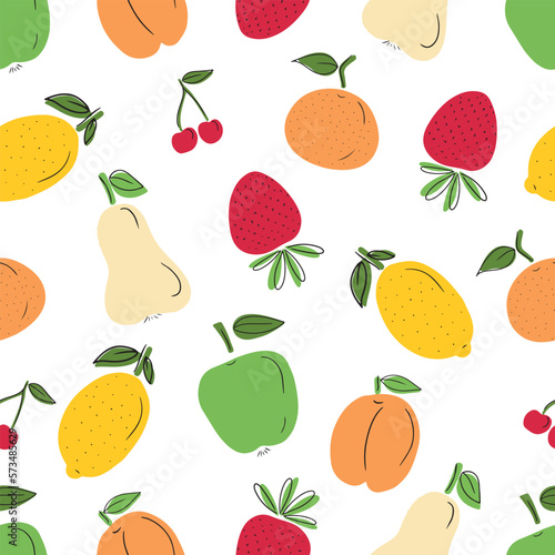 Seamless pattern with tasty fresh fruits: cherry, apple, strawberry, lemon, apricot with black line on white background. HAnd drawn vector flat cartoon doodle illustrations. Kitchen, textile, texture.