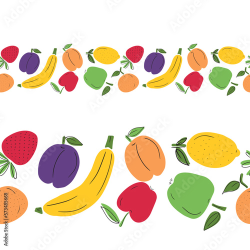 Fototapeta Naklejka Na Ścianę i Meble -  Seamless border with fresh juicy fruits: banana, apple, apricot, plum, strawberry, lemon, tangerine with black line on white background. Hand drawn vector flat cartoon doodle illustration.