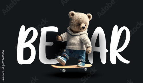 Cute teddy bear rides a skateboard. Funny charming illustration of a teddy bear on a black background. Print for your clothes or postcards. Vector illustration
