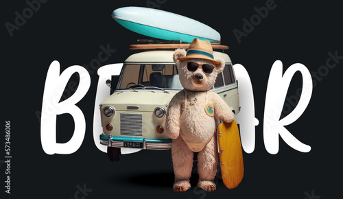 Cute teddy bear next to a car with a surfboard. Funny charming illustration of a teddy bear on a black background. Print for your clothes or postcards. Vector illustration