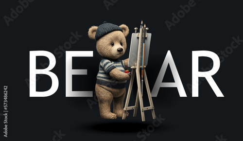 Cute teddy bear painting on an easel. Funny charming illustration of a teddy bear on a black background. Print for your clothes or postcards. Vector illustration
