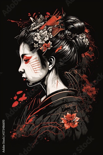 illustration, geisha on black background, ai generative