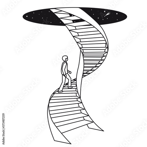 A man climbs up a spiral staircase. A staircase leads to the night sky. The staircase is similar to the structure of a DNA molecule.
