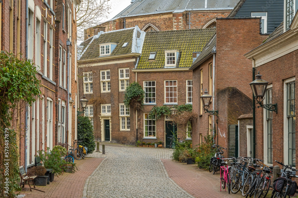 Fototapeta premium Picturesque cobbled street in the historical center of Leiden, South Holland, The Netherlands