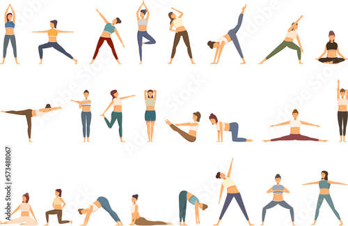 Stretching icons set cartoon vector. Yoga pilates. Woman flexible