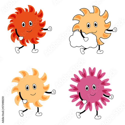 Set of cartoon sun with hands and legs. Sun mascot collection. Sunset, sunrise suns icons. Weather sticker.