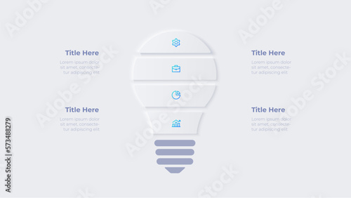 Light bulb in neomorphism style. Startup infographic template with 4 options photo