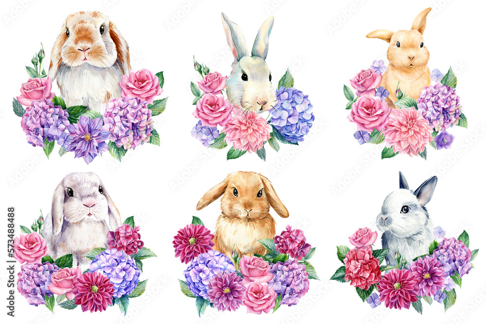 Fototapeta premium Bunny decorated with flowers on an isolated white background, watercolor illustration, cute rabbit, hand drawn