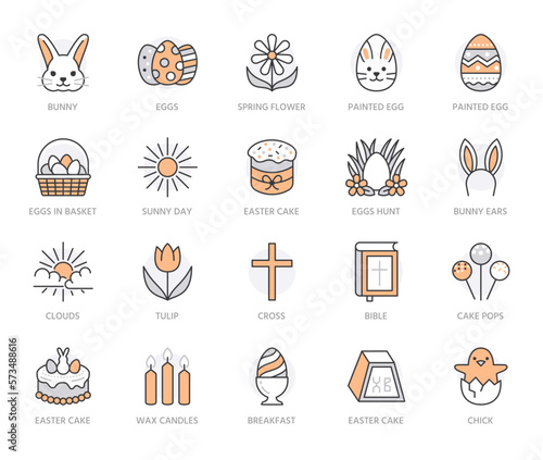 Easter flat line icons set. Colored eggs hunt, basket, rabbit, spring flowers, tulip, bible, cake vector illustration. Thin signs for christianity celebration. Orange color. Editable Stroke