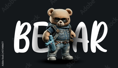 Cute teddy bear carry gun and grenade. Funny charming illustration of a teddy bear on a black background. Print for your clothes or postcards. Vector illustration