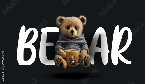 Cute teddy bear with hot coffee cup. Funny charming illustration of a teddy bear on a black background. Print for your clothes or postcards. Vector illustration
