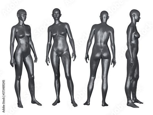 3D Render : Portrait of silver, iron metal texture female dummy character is standing, PNG transparent