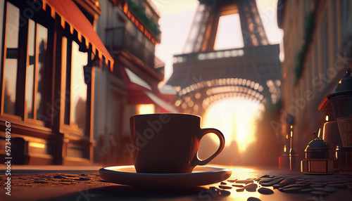 Cup of coffee in Paris cafe with eiffel tour in background