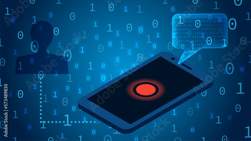 Illustration of sms attacks or sms mobile threats. Hacker, sms and smartphone on blue background