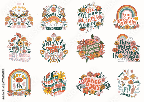 Set of trippy graphics with inspirational quote for T-shirts, mugs, cards, wall art. Retro style botanical illustration of flowers, leaves. 