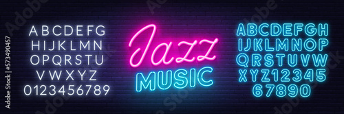 Jazz Music neon sign on brick wall background.