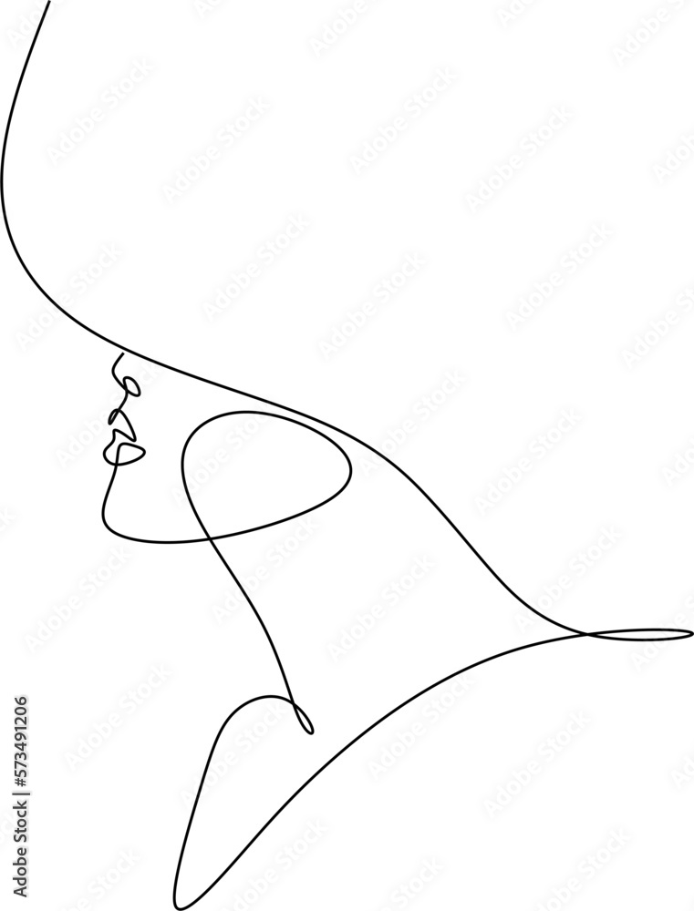 Obraz premium Abstract linear woman in hat. Minimal portrait. Head fashionable accessory. One line continuous. Beauty and glamour concept. Cap headgears for lady. Hand drawn vector illustration.