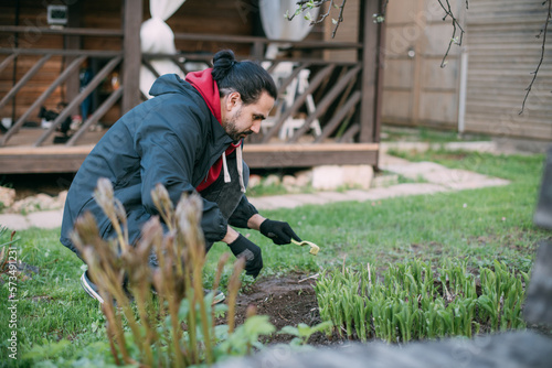 A young man takes care of the sprouts of a flower in a flower bed in the garden in spring.