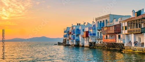 Fototapeta Naklejka Na Ścianę i Meble -  sunset at Mykonos Greek village in Greece, colorful streets of Mikonos village.