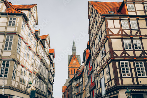 Old town and Marktkirche church in Hannover, Germany. Half-timbered buildings of old town