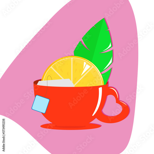 tea bags, red cup with lemon