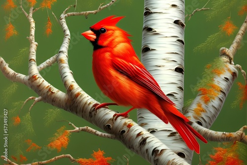 oil painting, clean smooth painted brush stroke, white blossom flowers, male cardinal bird sitting on birch branch bokeh birch trees in background muted boho colors smooth paint - generative ai