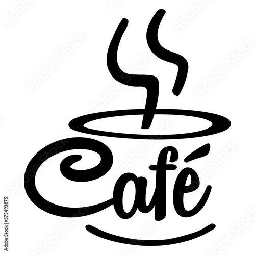 Logo aislado cafetería. Letras palabra café en español en texto manuscrito con forma de taza de café con humo