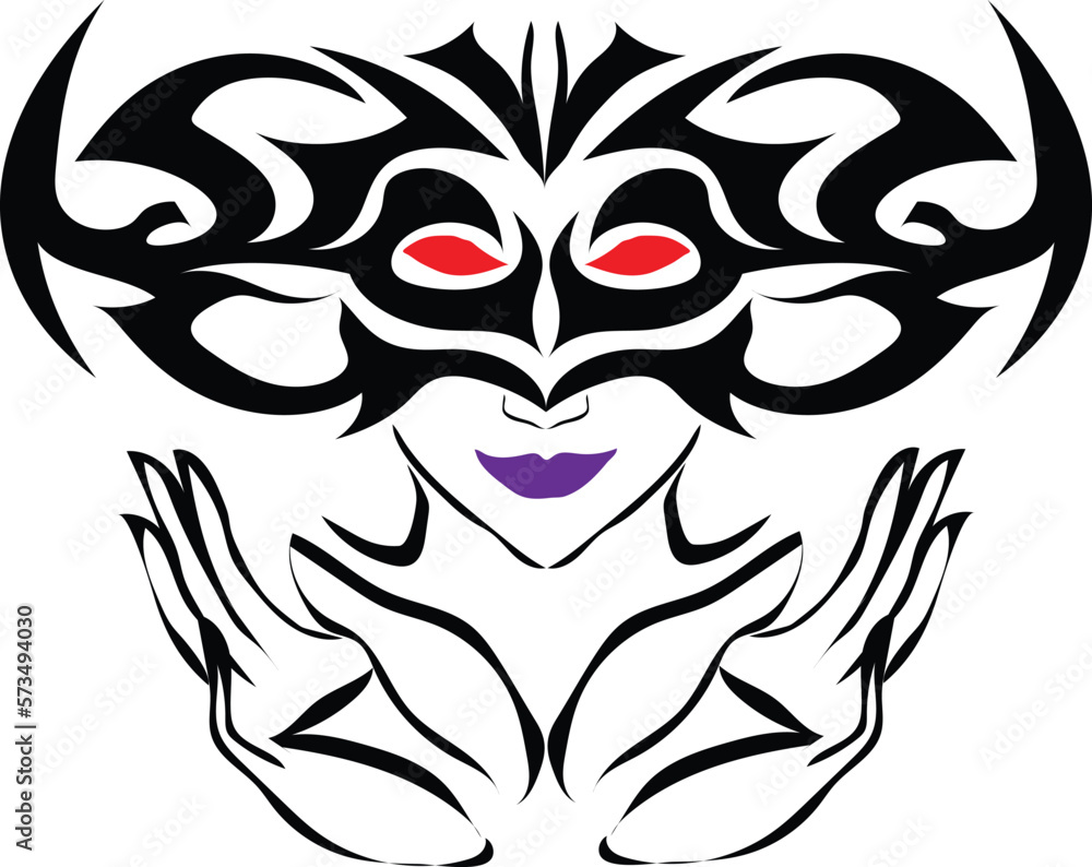 graphic art vector design of a red-eyed woman with purple lipstick wearing a blindfold mask with black patterns and carvings while her hands are in front of her face