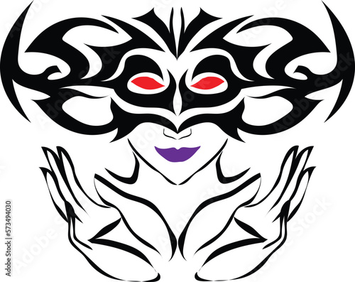 graphic art vector design of a red-eyed woman with purple lipstick wearing a blindfold mask with black patterns and carvings while her hands are in front of her face