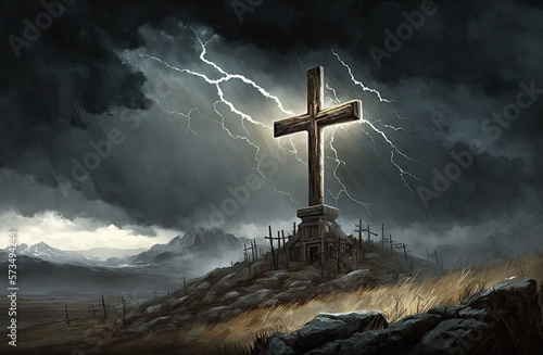 Old wooden cross, hill, storm and lightning. Generative AI. 
