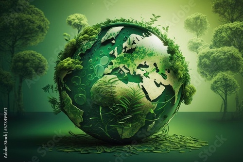 Green world globe with continents with green background as a digital illustration  Generative AI 