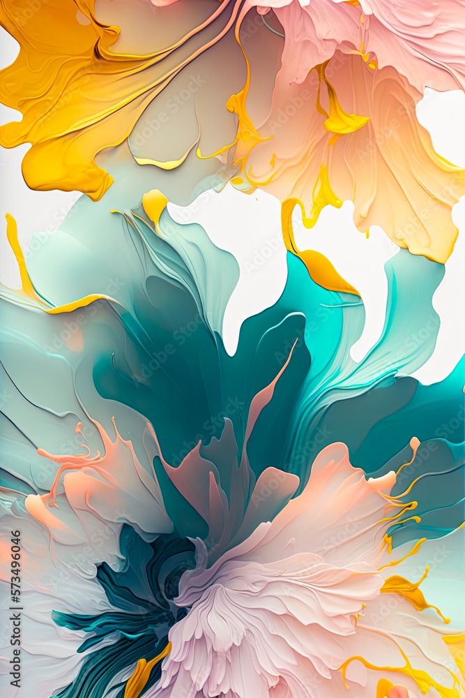 Elegant and vibrant abstract floral spring design, vertical phone digital art wallpaper, liquid paint wavy stirrup swirl, colorful yellow, white, pink, teal, blue (generative ai) 3d render, vertical i Elegant and vibrant abstract floral spring design, vertical phone digital art wallpaper, liquid paint wavy stirrup swirl, colorful yellow, white, pink, teal, blue (generative ai) 3d render, vertical i