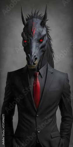 animal in a black suit with red tie, evil hourse, business man, generative ai