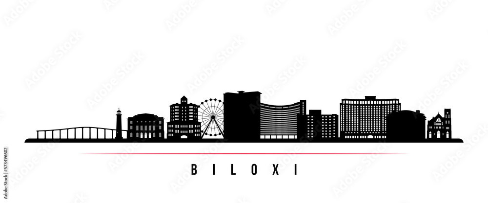 Biloxi skyline horizontal banner. Black and white silhouette of Biloxi Beach, Mississippi. Vector template for your design.