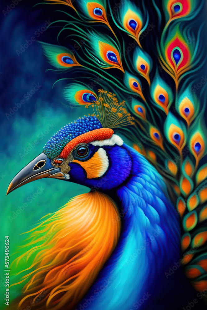 Close-up portrait of a beautiful peacock with colorful feathers. AI generated. Close-up portrait of a beautiful peacock with colorful feathers. AI generated.
