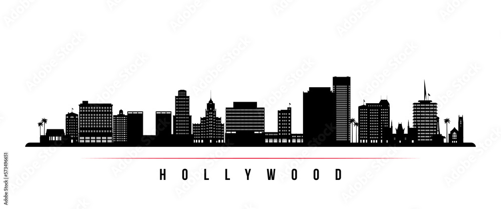 Hollywood skyline horizontal banner. Black and white silhouette of Hollywood, California. Vector template for your design.