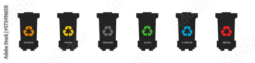 Garbage separation, sorting garbage by material and type in dark trash cans with color icons vector eps10 graphic