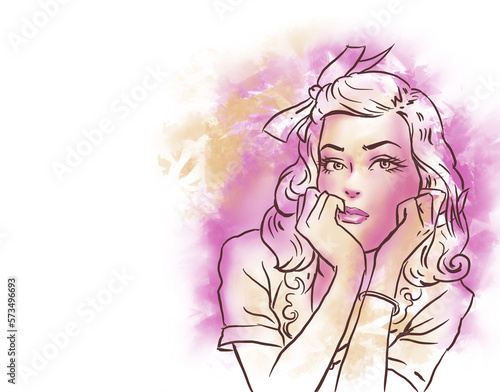 long hair woman posing digital art for card decoration illustration