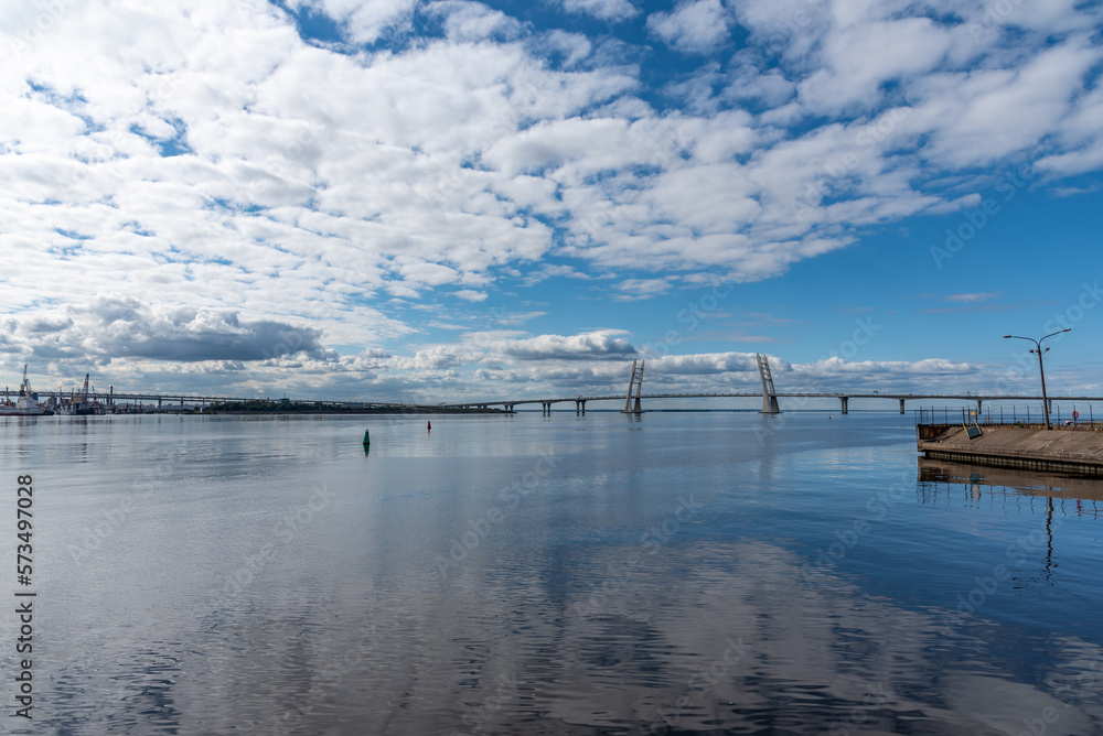 Panoramic view of the Bridge across the Ship Fairway and section of the Western High-Speed Diameter in St. Petersburg, Russia.