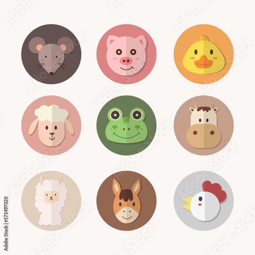 Set of animal circle face. Cute simple animal icon in circle each color. Mouse, Pig, Duck, Sheep, Frog, Cow, Alpaca, Horse and Chicken. photo