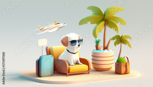 Horizontal cheerful dog relaxes in the summer sun, wearing sunglasses and surrounded by tropical plants and palms enjoying the summertime vacation. Generative AI photo