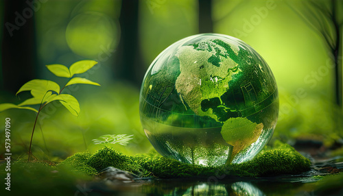 A Green World  The Significance of a Green Globe with Continents on blurred Natural Background. Happy earth day concept. Generative AI