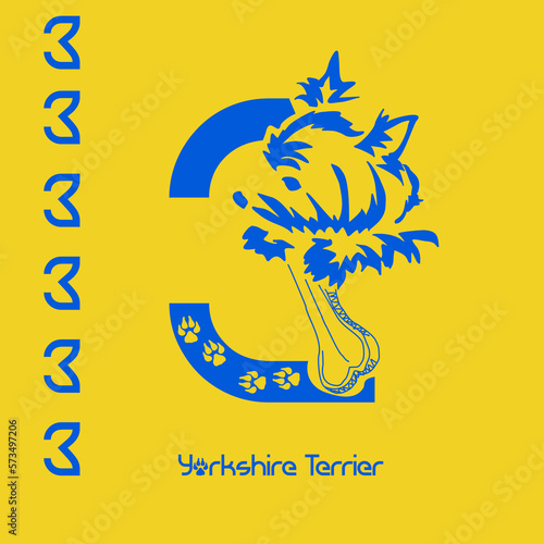 Unusual decorative font with a stylized image of a Yorkshire terrier. Typography with dogs based on gestalt design. Decoration with animals.