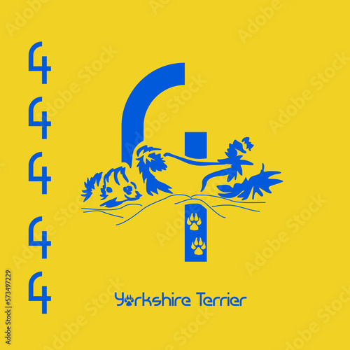 Unusual decorative font with a stylized image of a Yorkshire terrier. Typography with dogs based on gestalt design. Decoration with animals.