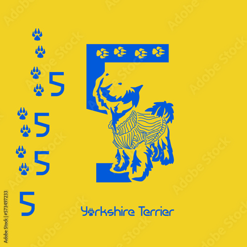 Unusual decorative font with a stylized image of a Yorkshire terrier. Typography with dogs based on gestalt design. Decoration with animals.