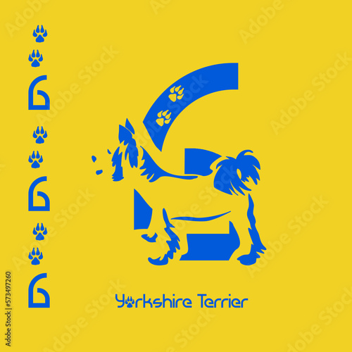 Unusual decorative font with a stylized image of a Yorkshire terrier. Typography with dogs based on gestalt design. Decoration with animals.