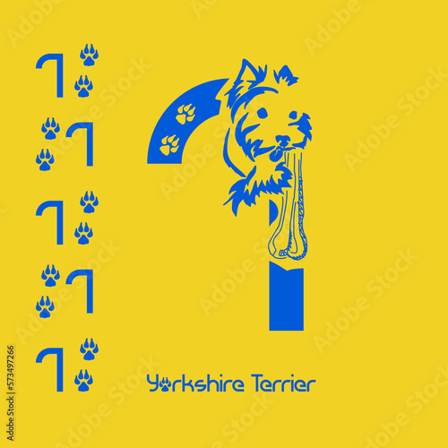 Unusual decorative font with a stylized image of a Yorkshire terrier. Typography with dogs based on gestalt design. Decoration with animals.