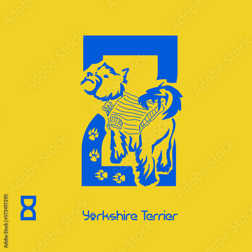 Unusual decorative font with a stylized image of a Yorkshire terrier. Typography with dogs based on gestalt design. Decoration with animals.