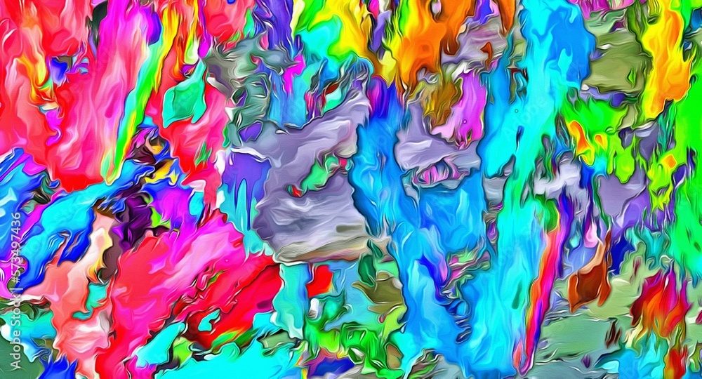 Abstract psychedelic fractal background of stylized watercolor illustration, colored chaotically blurred spots and paint strokes of different sizes and shapes
